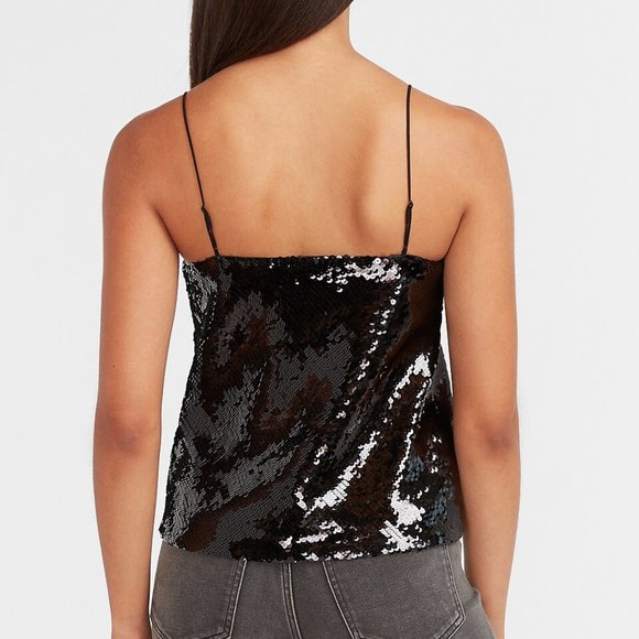 EXPRESS Black Sequin Cropped Sequin Boxy V-Neck Cami Tank Top NWT Size L - Picture 2 of 3